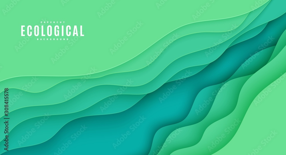 Wall mural Abstract green flyer in cut paper style. Cutout grass wave template for save the Earth posters, ecology brochures, presentations, invitations with place for text .Vector horizontal card illustration