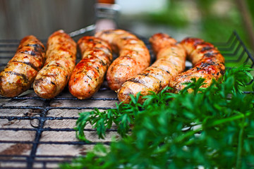 Appetizing grilled bavarian sausages on grate with parsley and dill.