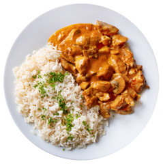 Top view of Czech Stroganoff pork with rice