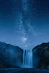 Waterfall at night under a beautiful milky way - 308416135