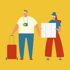 Travel vector concept illustration with couple tourists characters isolated on a white background.