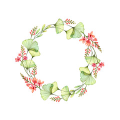 Watercolor floral wreath with freesia flowers, leaves and place for text. Colourful botanical hand painted illustration. Circular composition isolated on white for logo, wedding, greeting cards