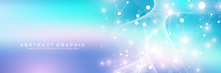 Big Genomic Data Visualization. DNA helix, DNA strand, DNA Test. CRISPR CAS9 - Genetic engineering. Molecule or atom, neurons. Abstract structure for Science or medical background, banner. Wave flow.