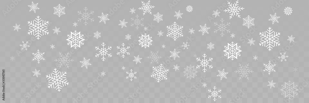 Wall mural falling snowflakes different shape. snowflakes, isolated on transparent background. falling snowflak
