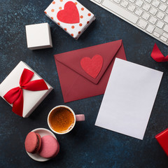 Valentine's day blank greeting card, coffe and gift. Office workplace