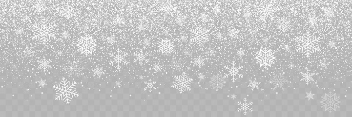 Naklejka na ściany i meble Falling Snow background. Snowfall on transparent background. Falling Snowflakes. Winter Christmas background. Realistic little Christmas Snow Panorama view. Snow with Snowflakes Christmas illustration
