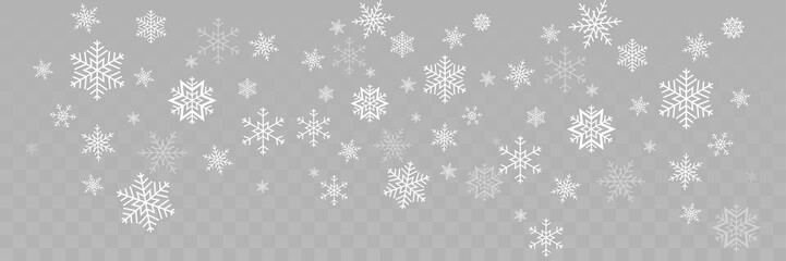 Falling Snowflakes different shape. Snowflakes, isolated on transparent background. Falling Snowflakes. Winter Christmas background. Realistic little Christmas Snow Panorama view. Christmas illustrati