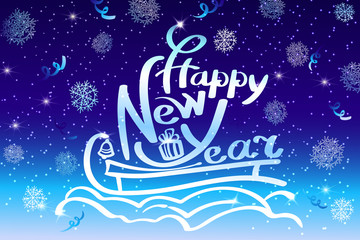 The inscription happy New year. 2020, hand-drawn with sleigh, snowflakes and stars on a blue background.