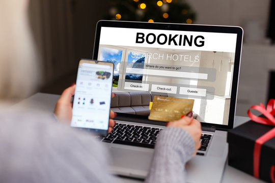 Booking hotel travel traveler search business reservation holiday book research plan tourism concept - stock image