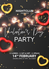 Valentine's Day festive party poster. Vector illustration with sparkling light garlands, gold and red hearts and confetti on black background. Invitation to nightclub.