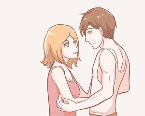 couple in love woman and man cuddling romantic looking into each other faces sensual sweet pastel line drawing anime cartoon character vector illustration