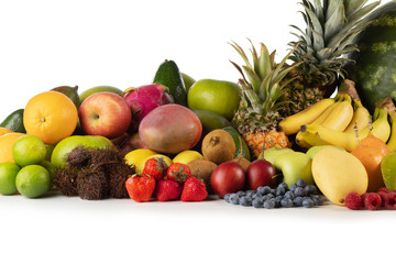 Fresh fruits pile on white