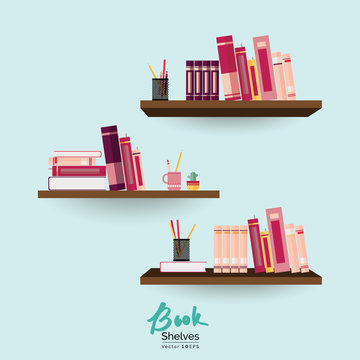 Bookshelves with colorful books and stationery on light blue background