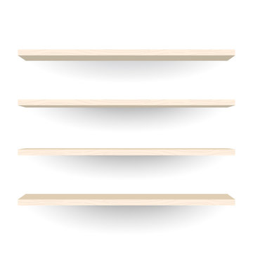 Empty wood shelves on white wall background