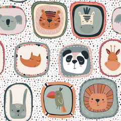 Fototapeta premium Vector seamless pattern with cute animal faces in frames. Simple scandinavian style.