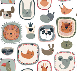 Vector seamless pattern with cute animal faces in frames. Simple scandinavian style.