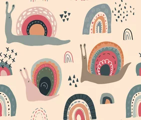 Wallpaper murals Scandinavian style Vector seamless pattern with cute funny rainbow snails in abstract scandinavian style.