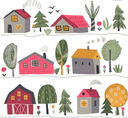 Vector seamless pattern with cute hand drawn country houses, trees.