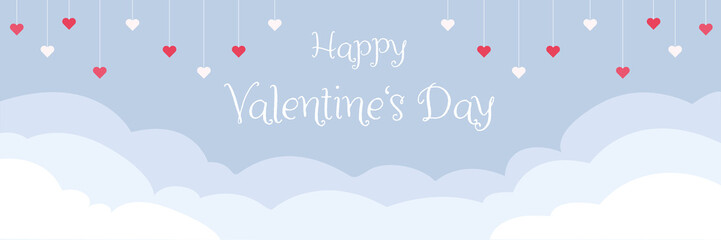 Happy Valentine's Day - Geschenkkarte, Hintergrund in Papierschnitt, Wolken und Herzen hängen von der Decke Banner in Blau