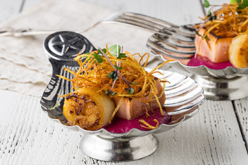 Beautifully decorated catering banquet table with food snacks and appetizers on corporate birthday party event or wedding celebration