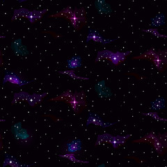 Space stars background, colorful galaxies seamless patten isolated on black background with light effects. Stars on the night sky vector illustration.