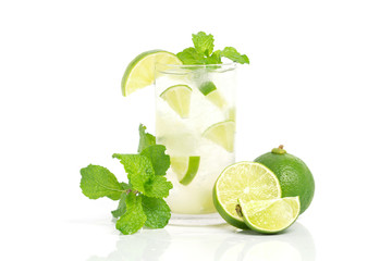 lemonade in Glass via lime pepermint water ice with white background