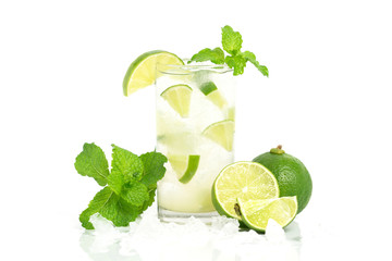 lemonade in Glass via lime pepermint water ice with white background
