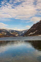Clear Cold Landscape with blue sky at Grundlsee, Austria, winter, frozen lake. Travel spot