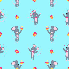 Rats celebrate Birthday. Funny mice seamless pattern. Little mouse.