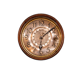 The dial of a vintage clock isolated on a white background. Wall clock with brass dial. Close up