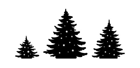 Christmas tree vector shape set. Pine Tree silhouette with stars. Monochrome icon collection. Black decorative element for paper design isolated on white. Template for laser plotter cutting, printing.