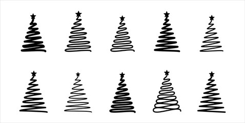 Christmas tree. Line draw scribbled stylized set. Decorative vector mobochrome elements collection, holiday black sign on white