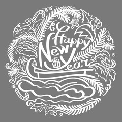 Text-happy New year. the inscription is closed in a circle, with fir branches, berries and Holly leaves, white patterns in a wreath on a gray background.