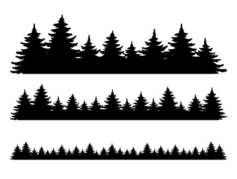 Forest vector shape set. Pine tree landscape collection, panorama. Hand drawn stylized black illustrations isolated on white background. Element for design christmas banner, poster