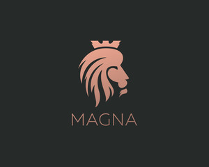 Lion logo design vector icon symbol logotype. Side lion head with crown, modern style illustration.