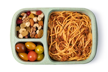 Lunch box with delicious food on a white background