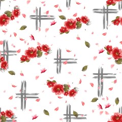 Red watercolor flowers with geometrical brush strokes on white background. Leaves. - illustration