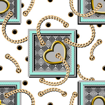 Ornamental golden chains,hearts pattern with geometric shapes.Frames, borders. Shawl, bandanna, kerchief, scarf print. - illustration