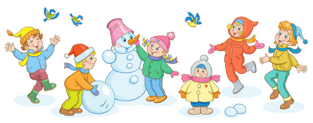 Children in winter. Happy boys and girls play, sculpt a snowman and walking. In a cartoon style. Isolated on white background. Vector illustration.