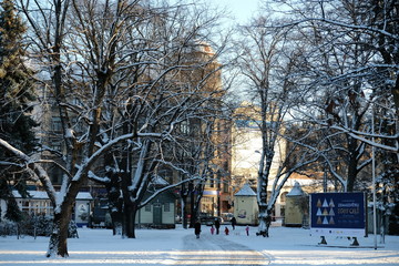 Riga / Latvia - 01 December 2019:Verman Park in winter. View on Krišjānis Barons Memorial Museum in Riga, Latvia.