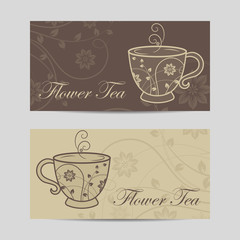 Set of horizontal banners. Cup with floral design elements. Vector illustration in brown colors.