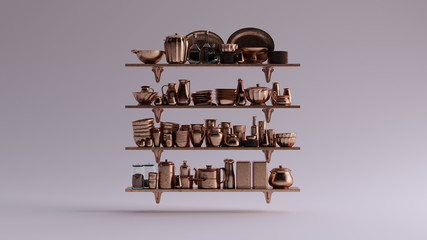 Bronze Shelves with Various Kitchenware Pots an Pans 3d illustration 3d render	