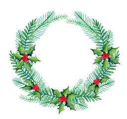 Fototapeta na wymiar Wreath of fir branches and holly