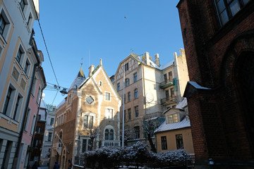 Riga / Latvia - 01 December 2019: Medieval building in old town centre of Riga, Latvia