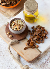 Beechnuts and beech nut oil. Healthy organic food concept, vegetarianism. Top view