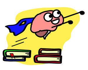 The brain moves up on a yellow background. Books. Concept. Vector illustration. 