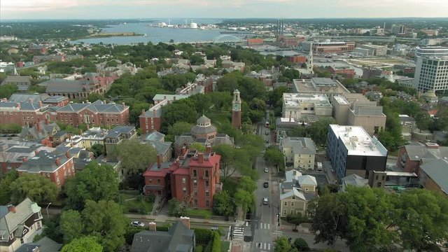 Aerial flying over suburb of College Hill & Brown University,  Rhode Island, USA. 