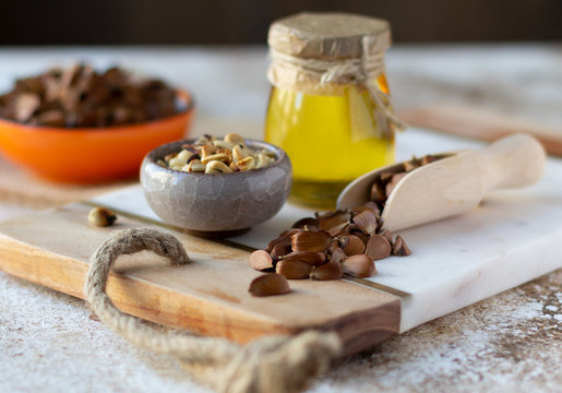 Beechnuts and beech nut oil. Healthy organic food concept, vegetarianism