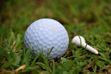 Golf ball and white tee closeup detail