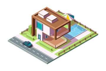 Modern private house. Luxury building residential exterior with grass car pool vector isometric home low poly 3d. Villa exterior house building, home architecture private illustration